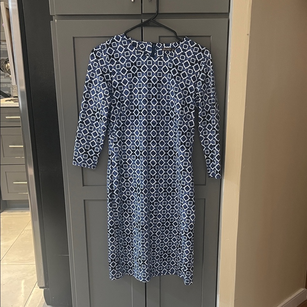 J.McLaughlin Women's Blue & White Geometric Mid Sleeve Dress, XS